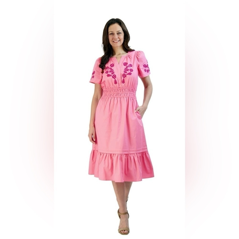 NEW French Connection Embroidered Tiered Puff-Sleeve Midi Dress Women's size XS